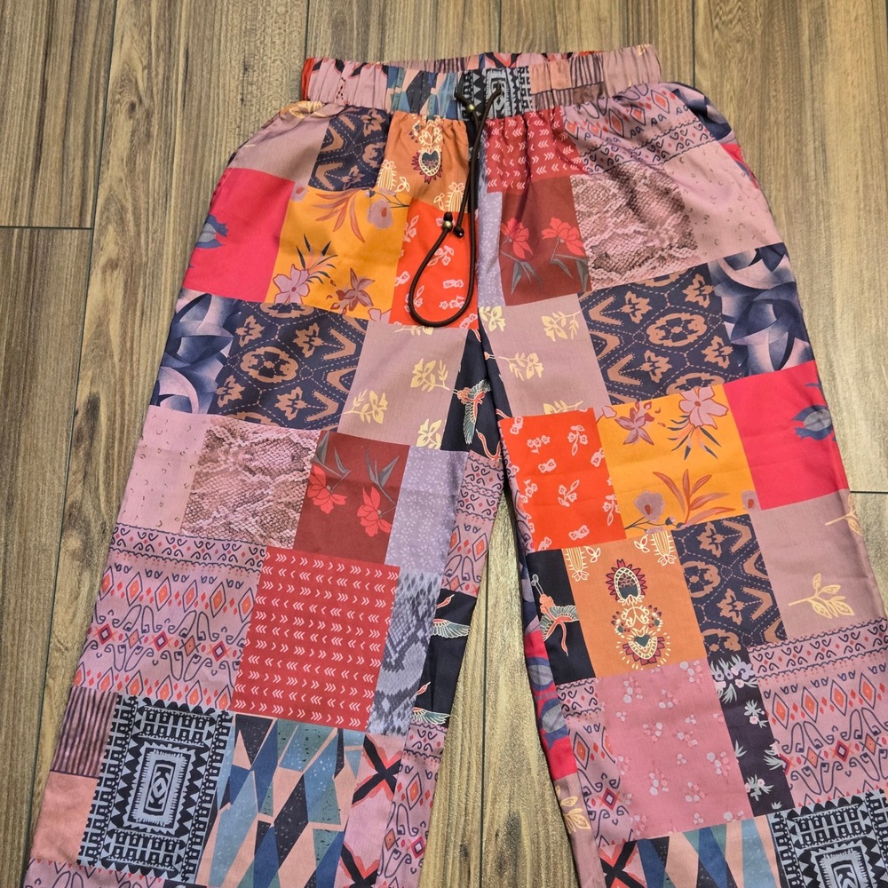 Patchwork Print Wide Leg Pants Multicolor Boho Elastic Waist Drawstring Large - Picture 3 of 10
